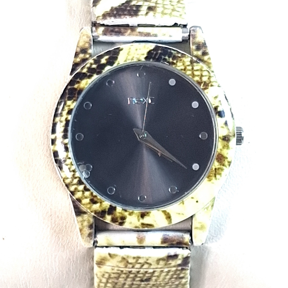 Next Metal Snake Skin Print Stretch Band Ladies Wrist Watch, New Battery